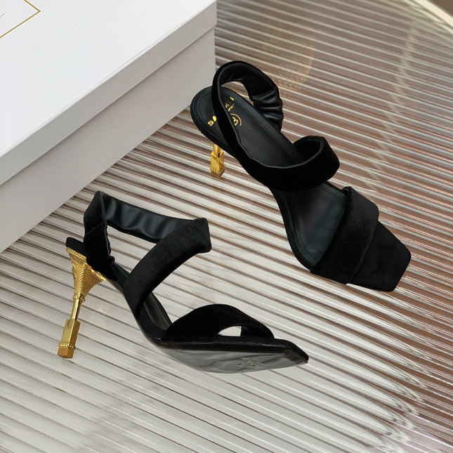 BALMAIN 25S MONETA HEELED SANDALS 95MM IN BLACK VELVET