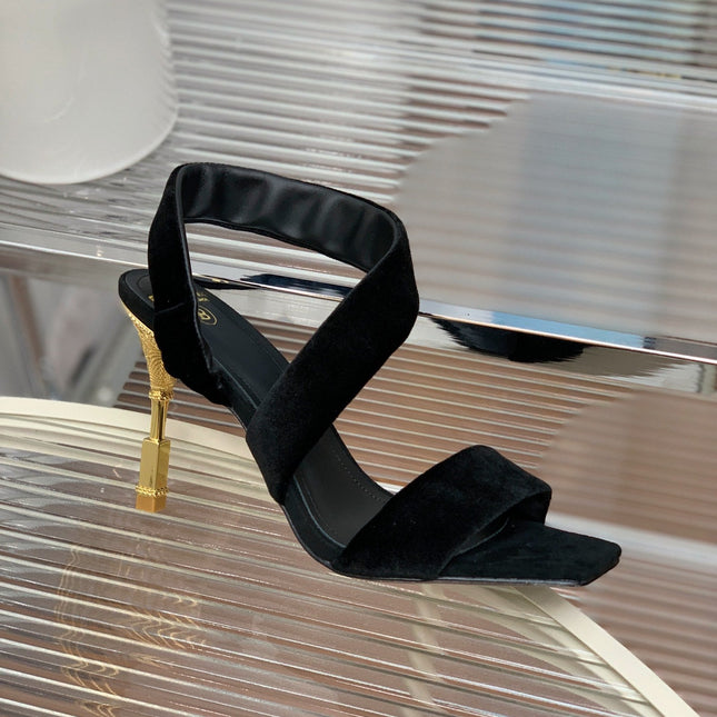 BALMAIN 25S MONETA HEELED SANDALS 95MM IN BLACK VELVET