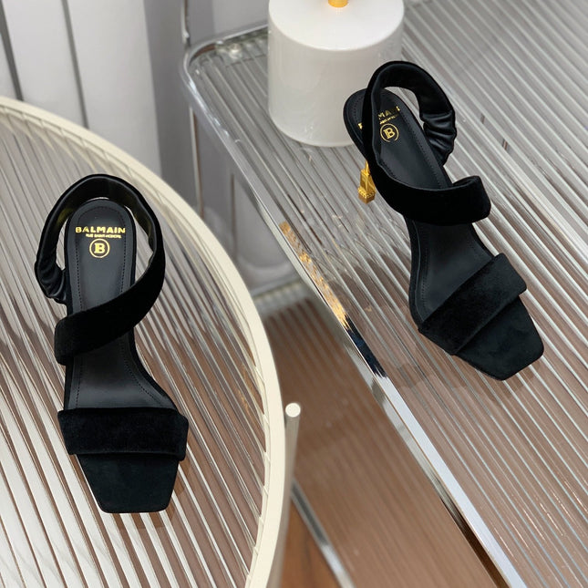 BALMAIN 25S MONETA HEELED SANDALS 95MM IN BLACK VELVET