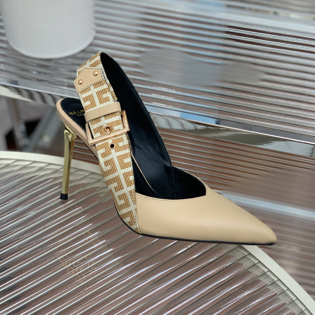 BALMAIN 25S SLINGBACK SHOES 95MM IN LIGHT BROWN CALFSKIN