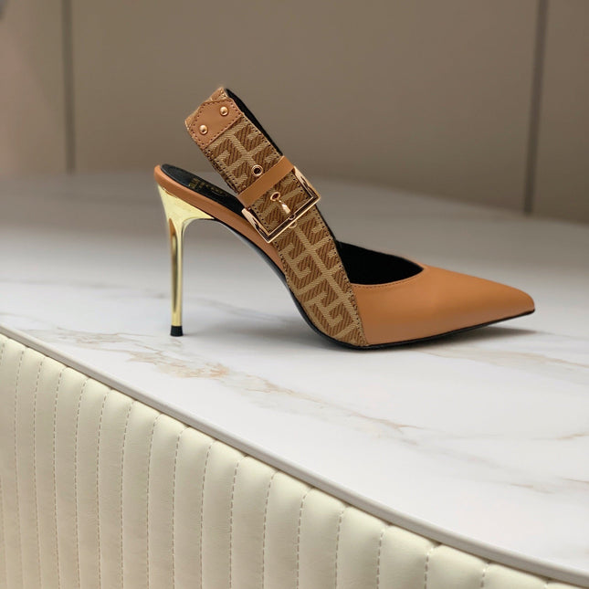 BALMAIN 25S SLINGBACK SHOES 95MM IN DARK BROWN CALFSKIN