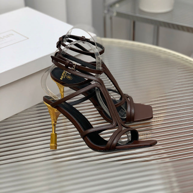 BALMAIN 25S MONETA SANDAL 95MM IN DARK BROWN CALFSKIN