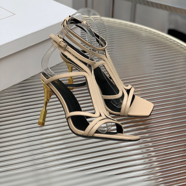 BALMAIN 25S MONETA SANDAL 95MM IN WARM BEIGE CALFSKIN