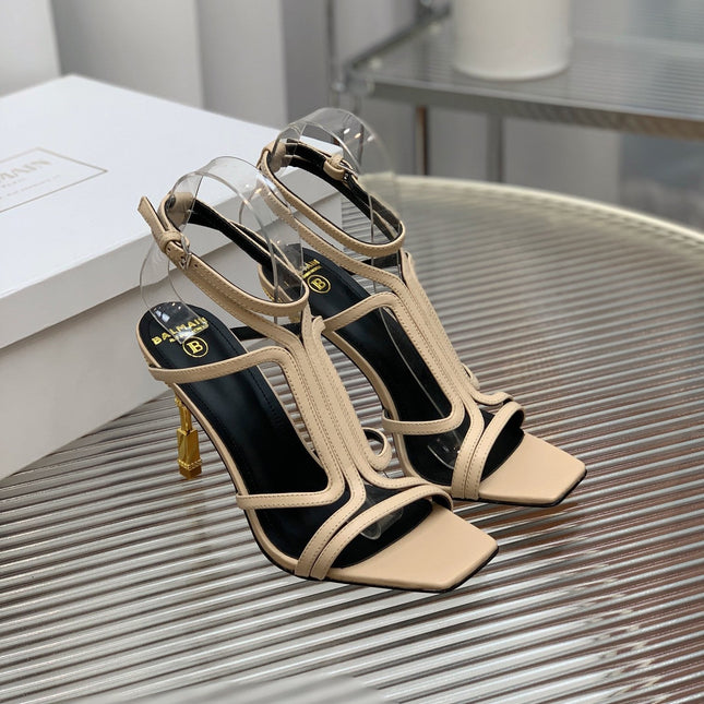 BALMAIN 25S MONETA SANDAL 95MM IN WARM BEIGE CALFSKIN