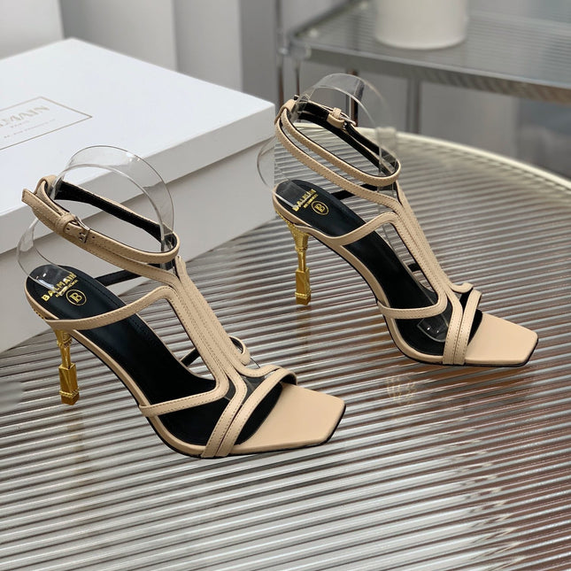 BALMAIN 25S MONETA SANDAL 95MM IN WARM BEIGE CALFSKIN