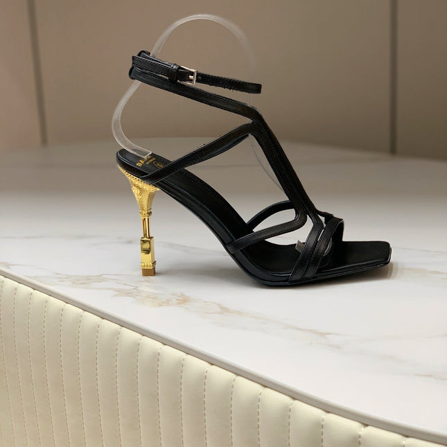 BALMAIN 25S MONETA SANDAL 95MM IN BLACK CALFSKIN