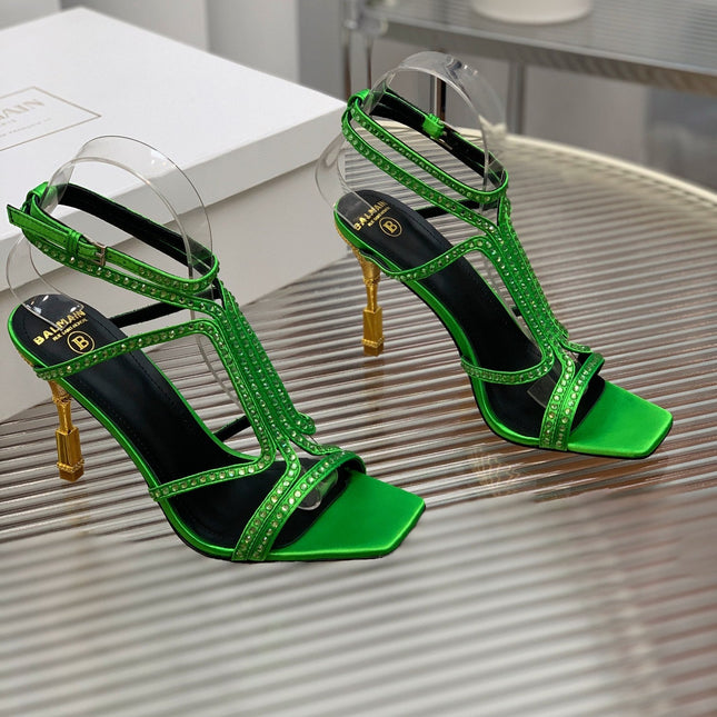 BALMAIN 25S MONETA SANDAL 95MM IN DARK GREEN CALFSKIN WITH CRYSTAL