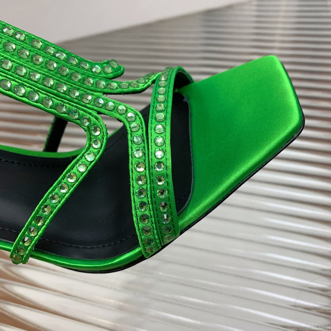 BALMAIN 25S MONETA SANDAL 95MM IN DARK GREEN CALFSKIN WITH CRYSTAL