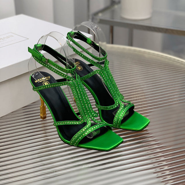 BALMAIN 25S MONETA SANDAL 95MM IN DARK GREEN CALFSKIN WITH CRYSTAL