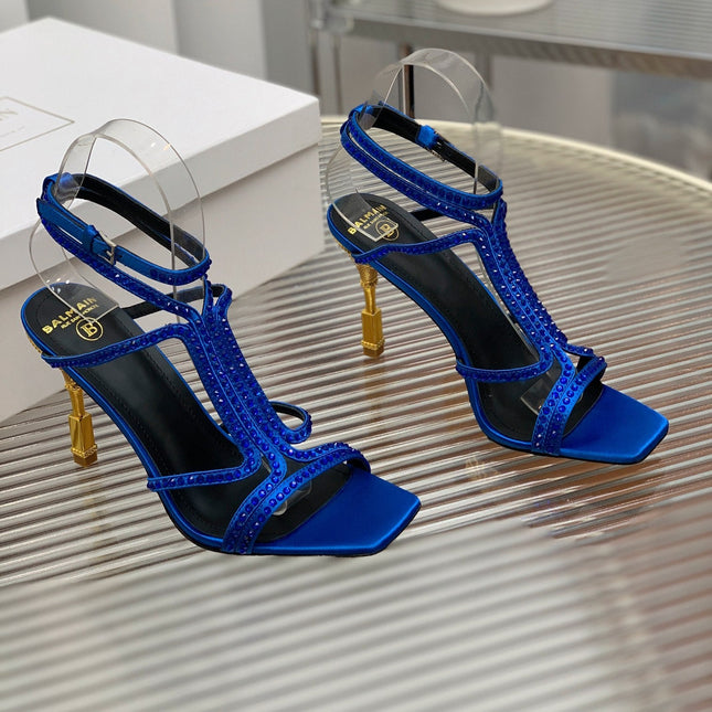 BALMAIN 25S MONETA SANDAL 95MM IN DARK BLUE CALFSKIN WITH CRYSTAL