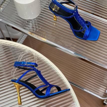 BALMAIN 25S MONETA SANDAL 95MM IN DARK BLUE CALFSKIN WITH CRYSTAL