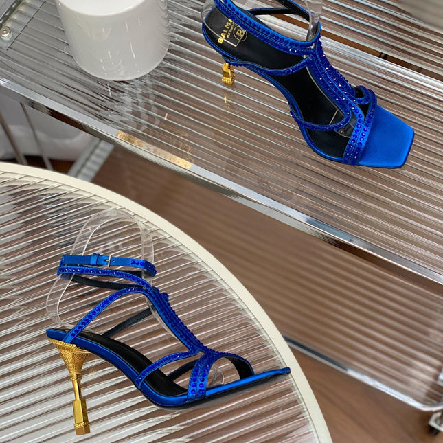 BALMAIN 25S MONETA SANDAL 95MM IN DARK BLUE CALFSKIN WITH CRYSTAL