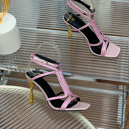 BALMAIN 25S MONETA SANDAL 95MM IN LAVENDER PINK CALFSKIN WITH CRYSTAL