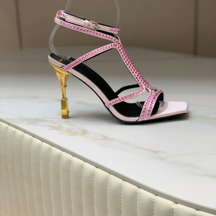 BALMAIN 25S MONETA SANDAL 95MM IN LAVENDER PINK CALFSKIN WITH CRYSTAL