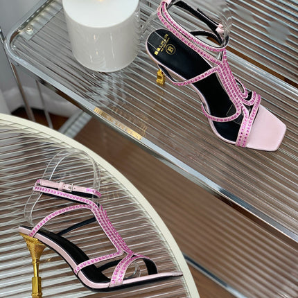 BALMAIN 25S MONETA SANDAL 95MM IN LAVENDER PINK CALFSKIN WITH CRYSTAL
