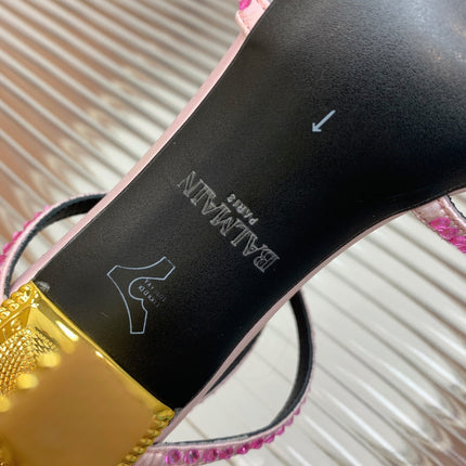 BALMAIN 25S MONETA SANDAL 95MM IN LAVENDER PINK CALFSKIN WITH CRYSTAL