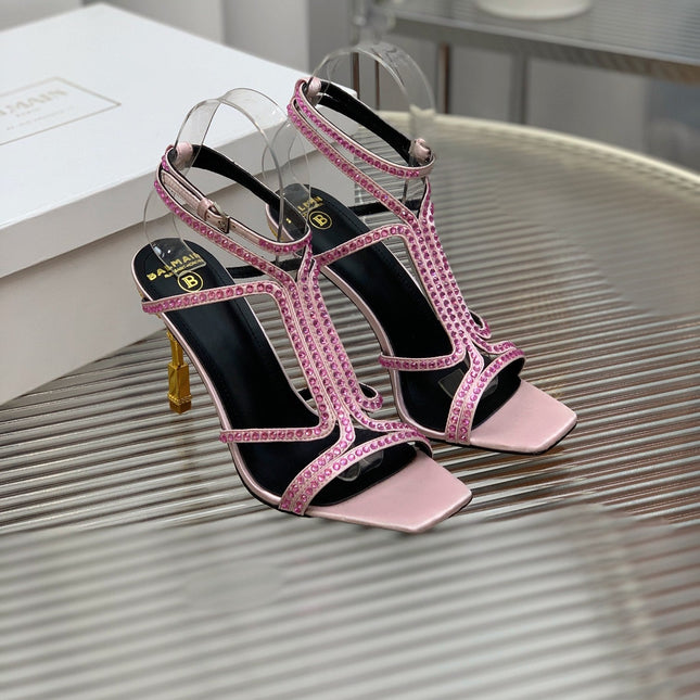 BALMAIN 25S MONETA SANDAL 95MM IN LAVENDER PINK CALFSKIN WITH CRYSTAL