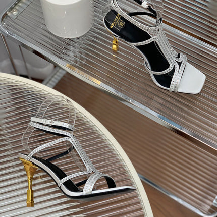 BALMAIN 25S MONETA SANDAL 95MM IN SILVER CALFSKIN WITH CRYSTAL