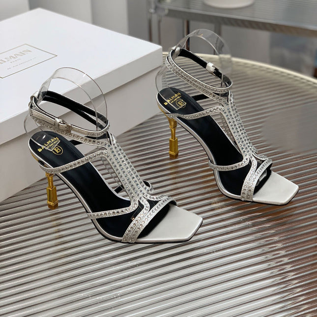 BALMAIN 25S MONETA SANDAL 95MM IN SILVER CALFSKIN WITH CRYSTAL