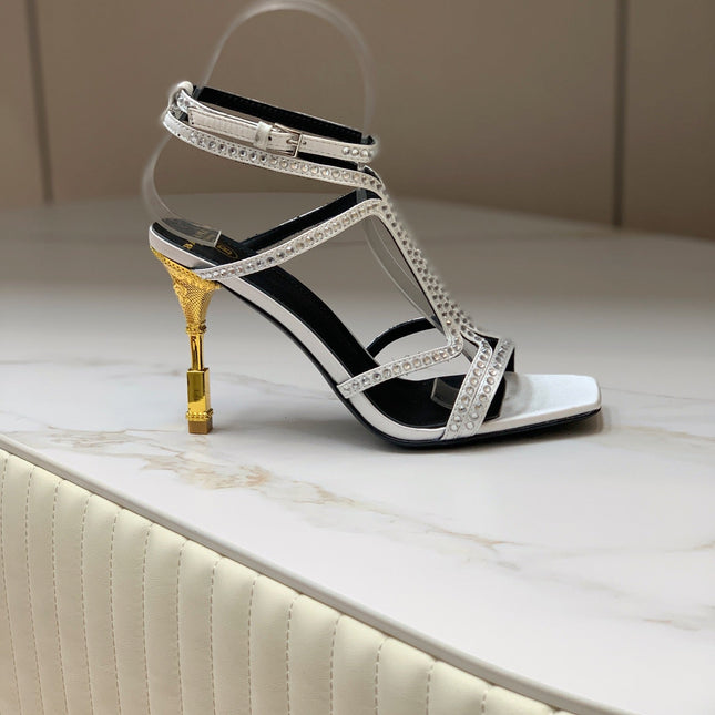 BALMAIN 25S MONETA SANDAL 95MM IN SILVER CALFSKIN WITH CRYSTAL