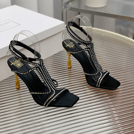 BALMAIN 25S MONETA SANDAL 95MM IN BLACK CALFSKIN WITH CRYSTAL