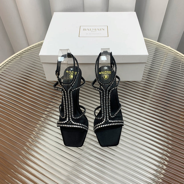 BALMAIN 25S MONETA SANDAL 95MM IN BLACK CALFSKIN WITH CRYSTAL