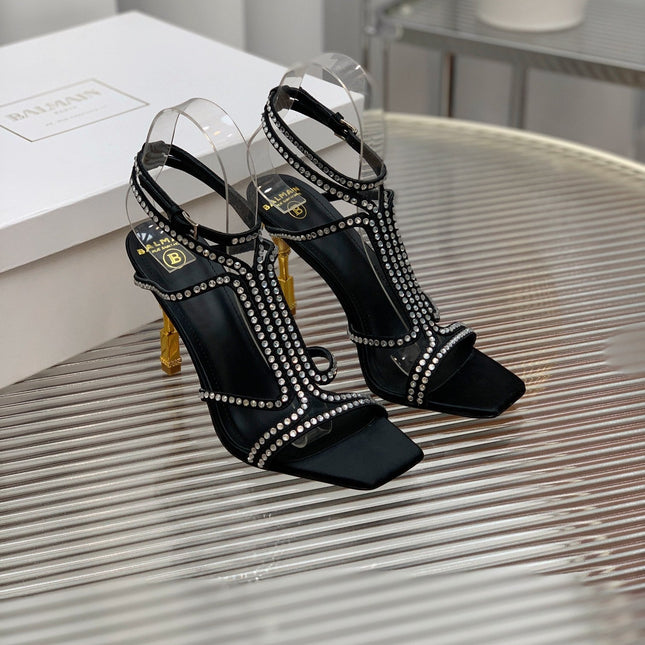 BALMAIN 25S MONETA SANDAL 95MM IN BLACK CALFSKIN WITH CRYSTAL