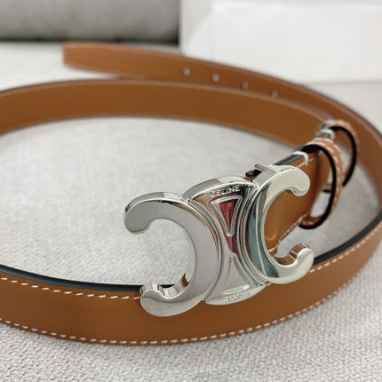 CELINE 25S TRIOMPHE BELT 25MM IN BROWN CALFSKIN SILVER HARDWARE 580678
