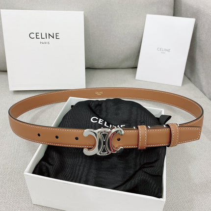 CELINE 25S TRIOMPHE BELT 25MM IN BROWN CALFSKIN SILVER HARDWARE 580678
