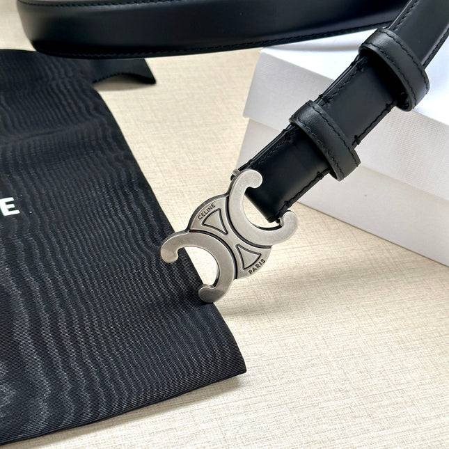 Medium Triomphe Belt 25mm Black Calfskin Silver Finishing