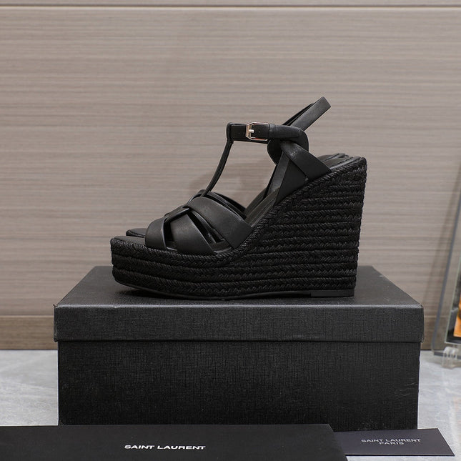 YSL TRIBUTE ESPADRILLE WEDGE SANDALS 105MM IN BLACK CALFSKIN