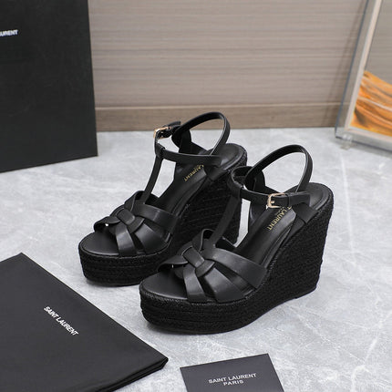 YSL TRIBUTE ESPADRILLE WEDGE SANDALS 105MM IN BLACK CALFSKIN