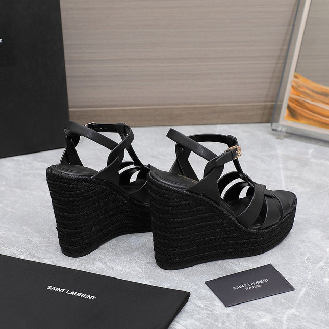 YSL TRIBUTE ESPADRILLE WEDGE SANDALS 105MM IN BLACK CALFSKIN