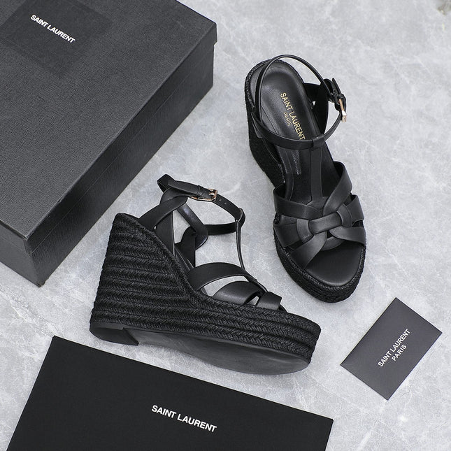 YSL TRIBUTE ESPADRILLE WEDGE SANDALS 105MM IN BLACK CALFSKIN