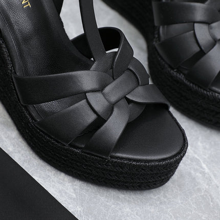 YSL TRIBUTE ESPADRILLE WEDGE SANDALS 105MM IN BLACK CALFSKIN