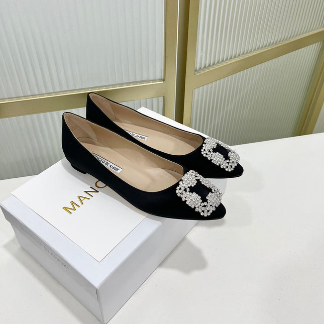 Manolo Hangisi Black Satin Jewel Buckle Pump 95
