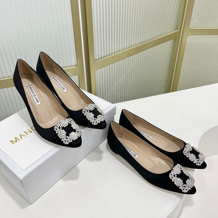 Manolo Hangisi Black Satin Jewel Buckle Pump 95