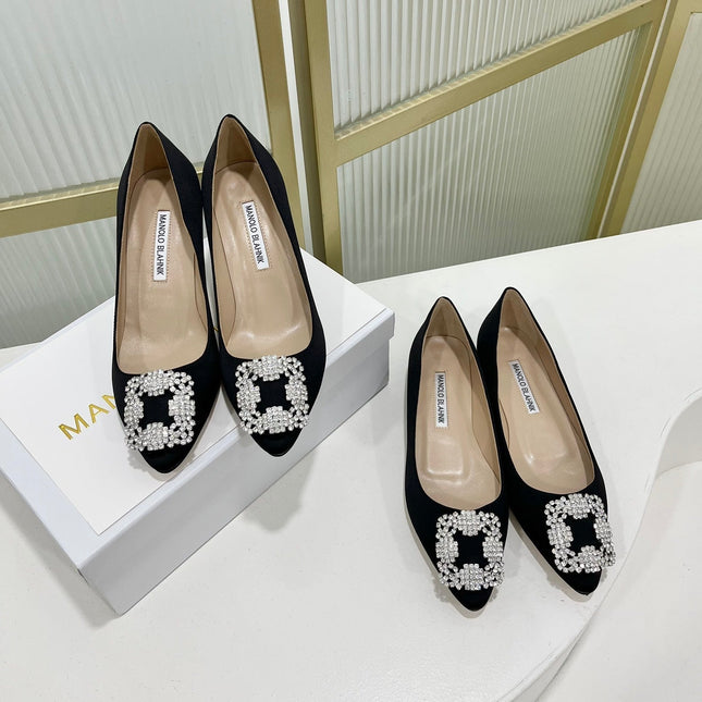 Manolo Hangisi Black Satin Jewel Buckle Pump 95