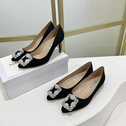 Manolo Hangisi Black Satin Jewel Buckle Pump 95
