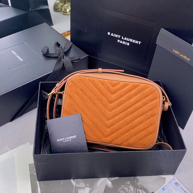 LOU CAMERA BAG 23 IN SPANISH ORANGE SUEDE AND BROWN CALFSKIN TRIM