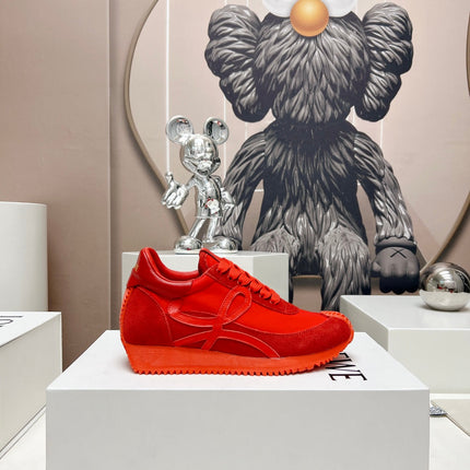 FLOW RUNNER SNEAKER IN RUBY RED SUEDE AND SHEEPSKIN