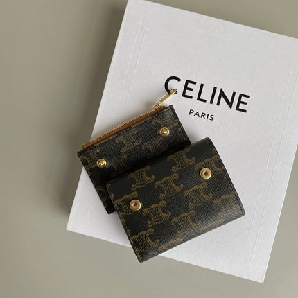 TRIOMPHE 9 WALLET TWO-IN-ONE OLD FLOWER BROWN CALFSKIN