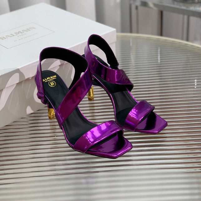 BALMAIN 25S HIGH HEEL SANDALS 95MM IN ROYAL PURPLE GLOSSY CALFSKIN