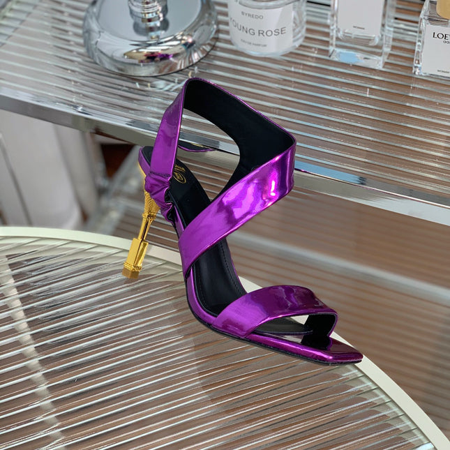 BALMAIN 25S HIGH HEEL SANDALS 95MM IN ROYAL PURPLE GLOSSY CALFSKIN