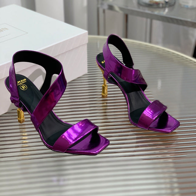 BALMAIN 25S HIGH HEEL SANDALS 95MM IN ROYAL PURPLE GLOSSY CALFSKIN