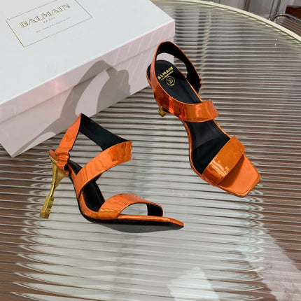 BALMAIN 25S HIGH HEEL SANDALS 95MM IN BURNT ORANGE GLOSSY CALFSKIN