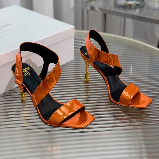 BALMAIN 25S HIGH HEEL SANDALS 95MM IN BURNT ORANGE GLOSSY CALFSKIN