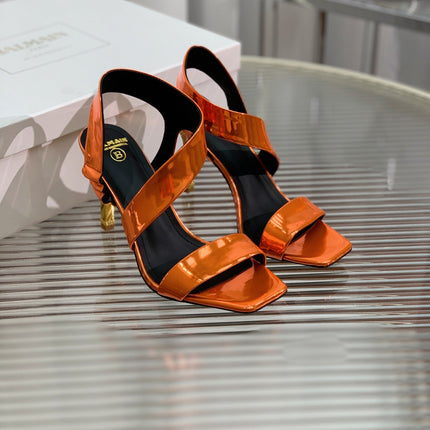 BALMAIN 25S HIGH HEEL SANDALS 95MM IN BURNT ORANGE GLOSSY CALFSKIN