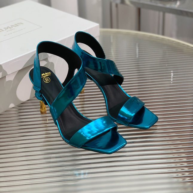 BALMAIN 25S HIGH HEEL SANDALS 95MM IN PETROL BLUE GLOSSY CALFSKIN
