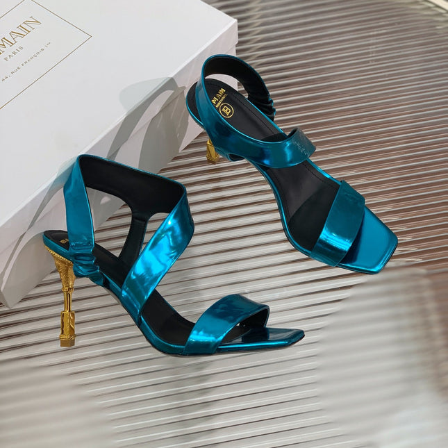 BALMAIN 25S HIGH HEEL SANDALS 95MM IN PETROL BLUE GLOSSY CALFSKIN